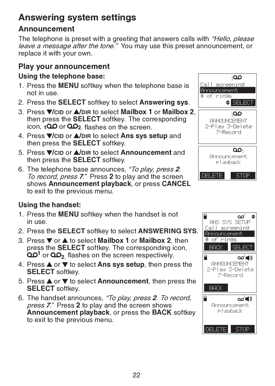 VTech DS6151 user manual Announcement, Play your announcement 