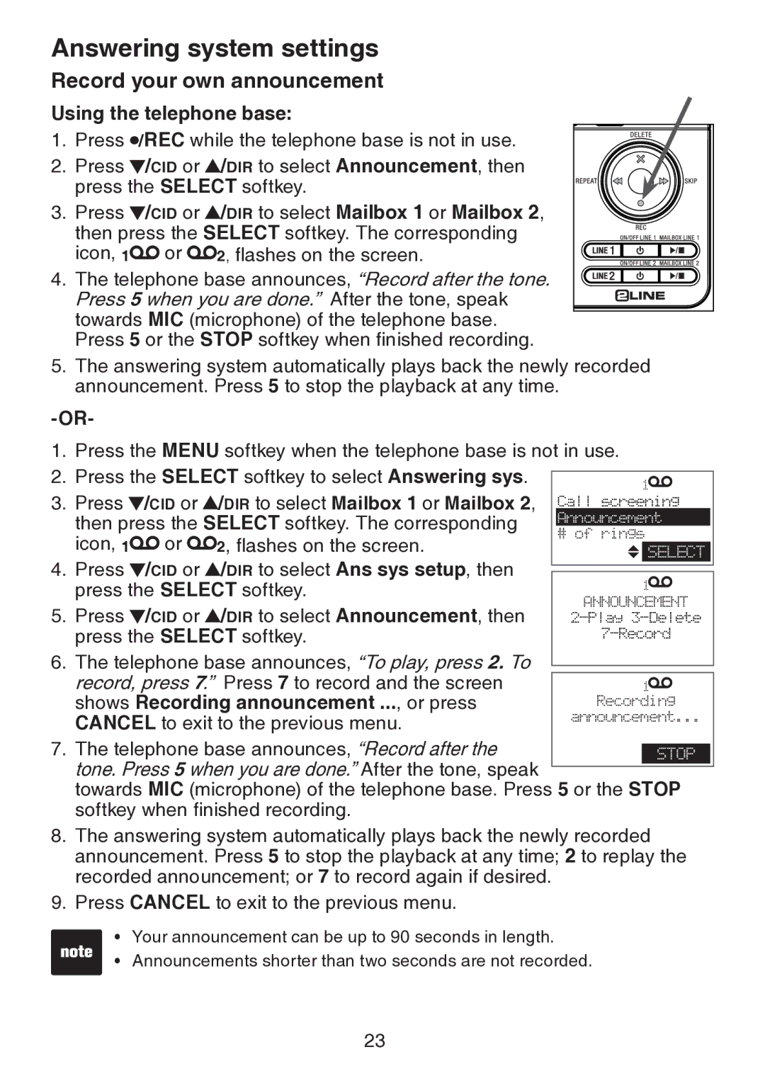 VTech DS6151 Record your own announcement, DIR to select Mailbox 1 or Mailbox, Shows Recording announcement ..., or press 