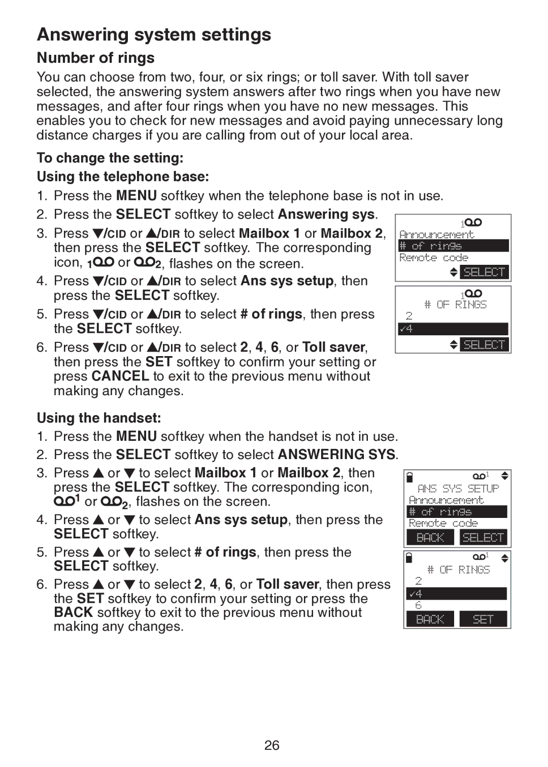 VTech DS6151 user manual Number of rings, To change the setting Using the telephone base 