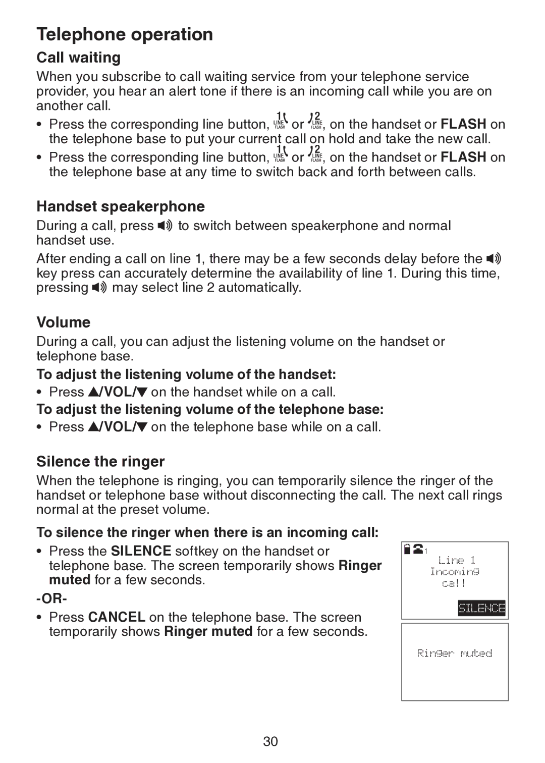 VTech DS6151 user manual Call waiting, Handset speakerphone, Volume, Silence the ringer 