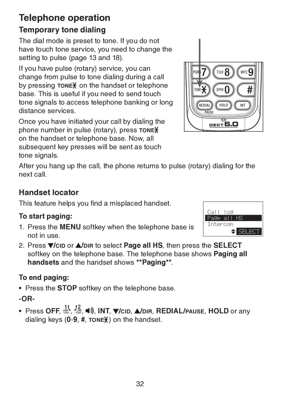 VTech DS6151 user manual Temporary tone dialing, Handset locator, To start paging, To end paging 