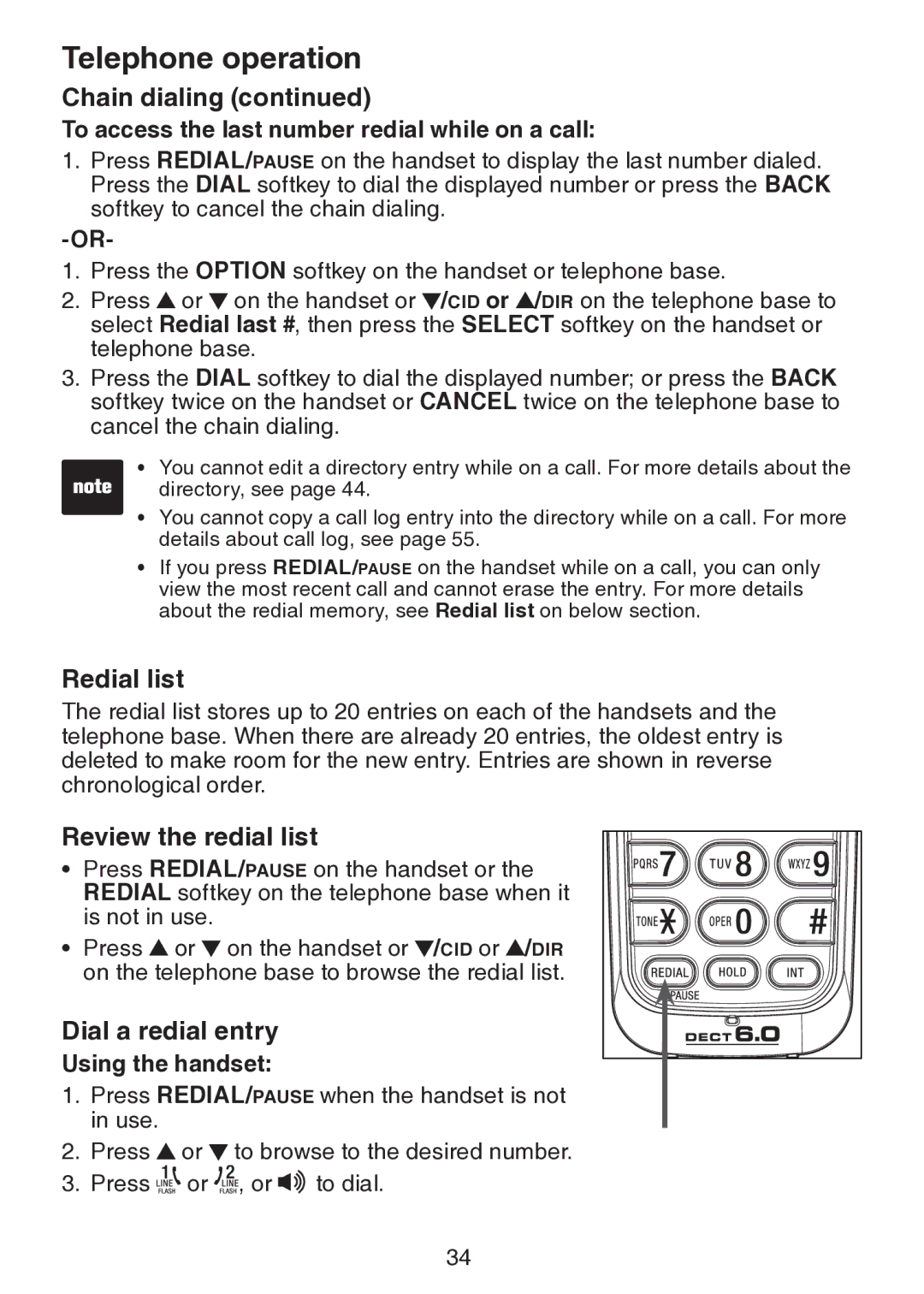 VTech DS6151 Redial list, Review the redial list, Dial a redial entry, To access the last number redial while on a call 