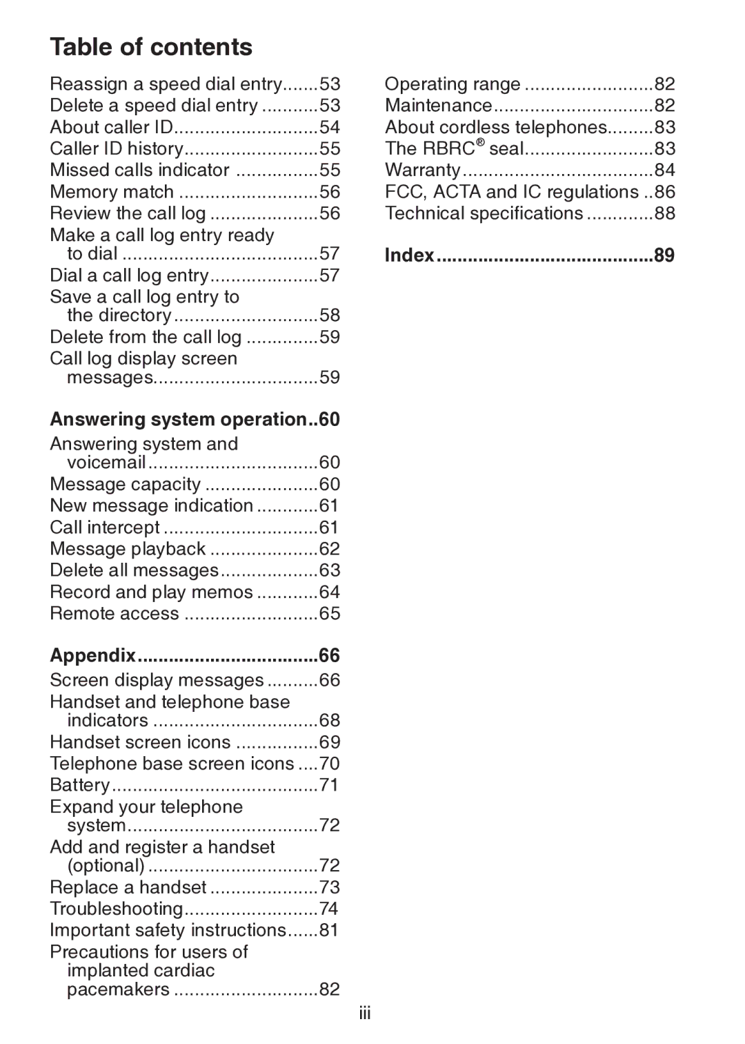 VTech DS6151 user manual Answering system operation..60, Appendix, Index 