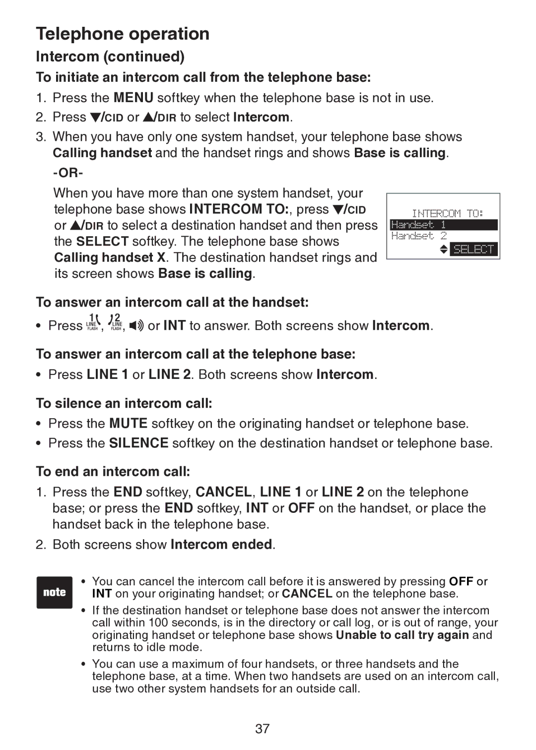 VTech DS6151 user manual To initiate an intercom call from the telephone base, To answer an intercom call at the handset 