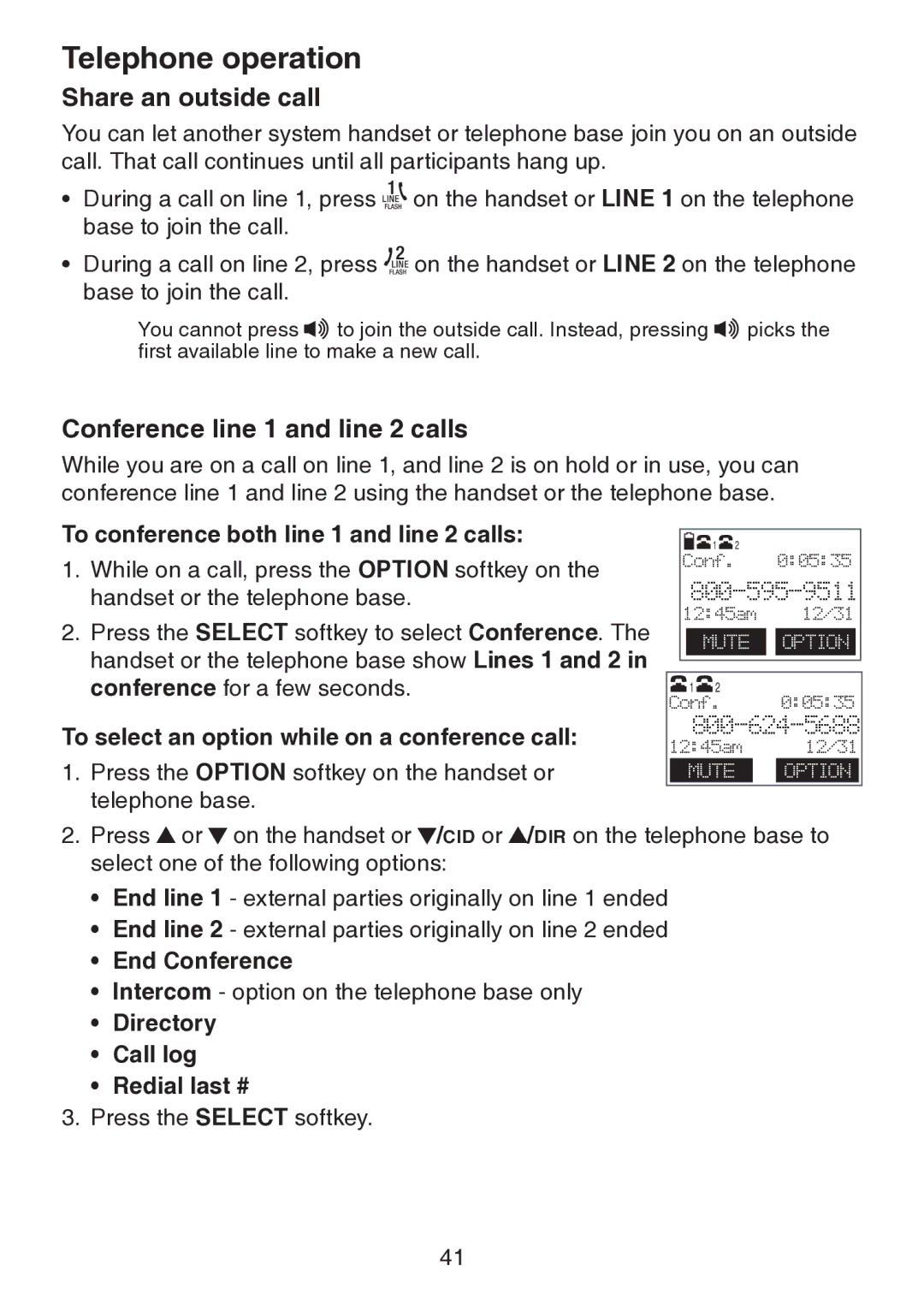 VTech DS6151 user manual Share an outside call, Conference line 1 and line 2 calls 