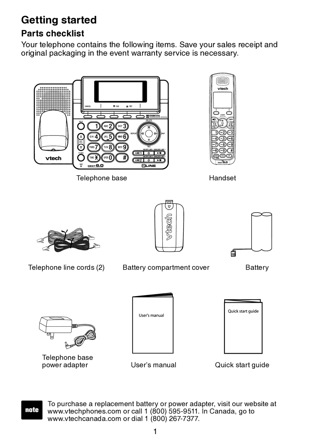 VTech DS6151 user manual Getting started, Parts checklist 