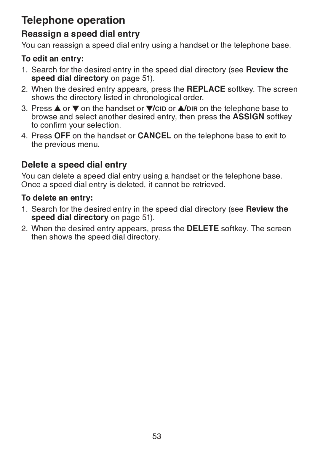 VTech DS6151 user manual Reassign a speed dial entry, Delete a speed dial entry, To edit an entry 