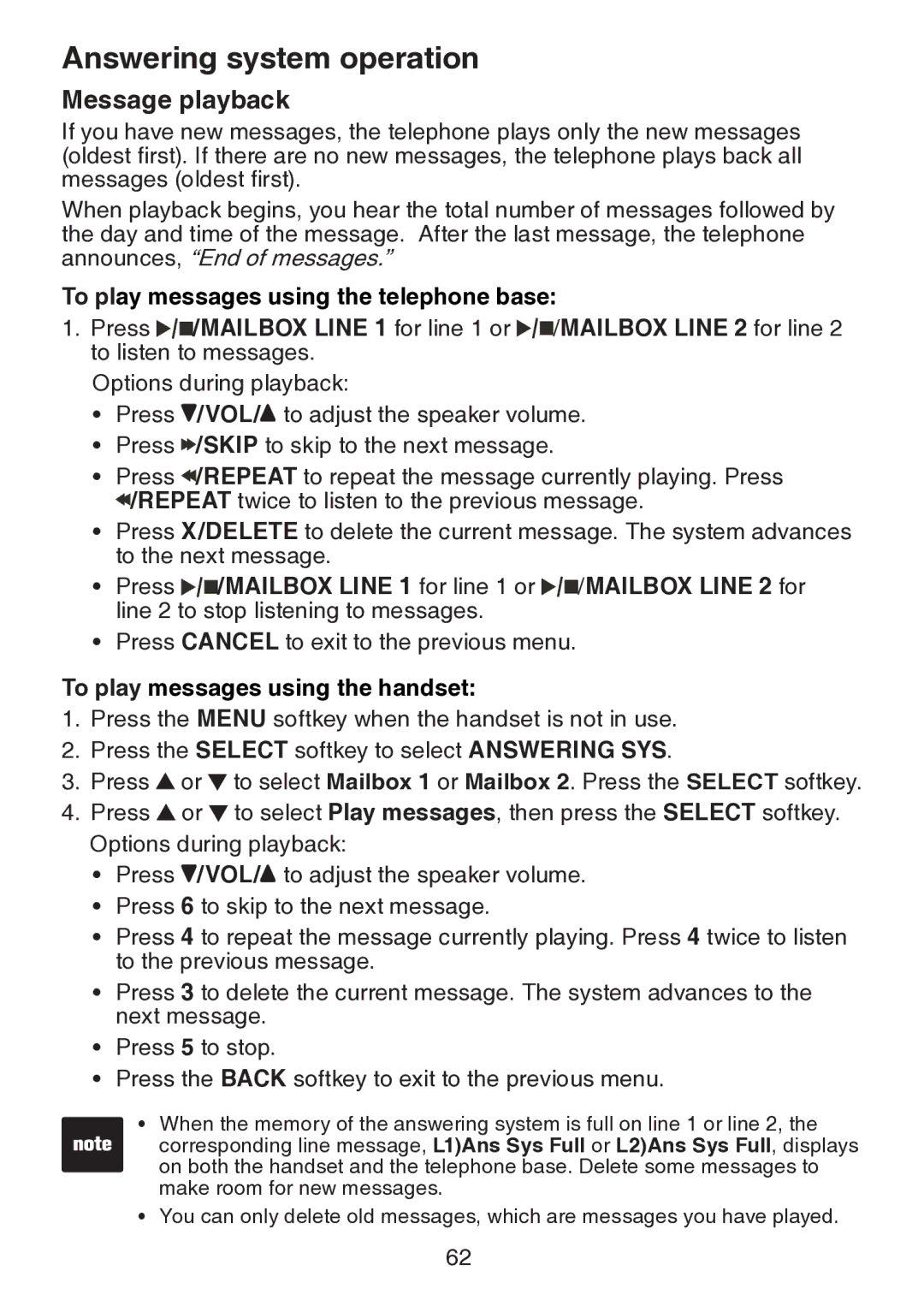 VTech DS6151 user manual Message playback, To play messages using the telephone base, To play messages using the handset 