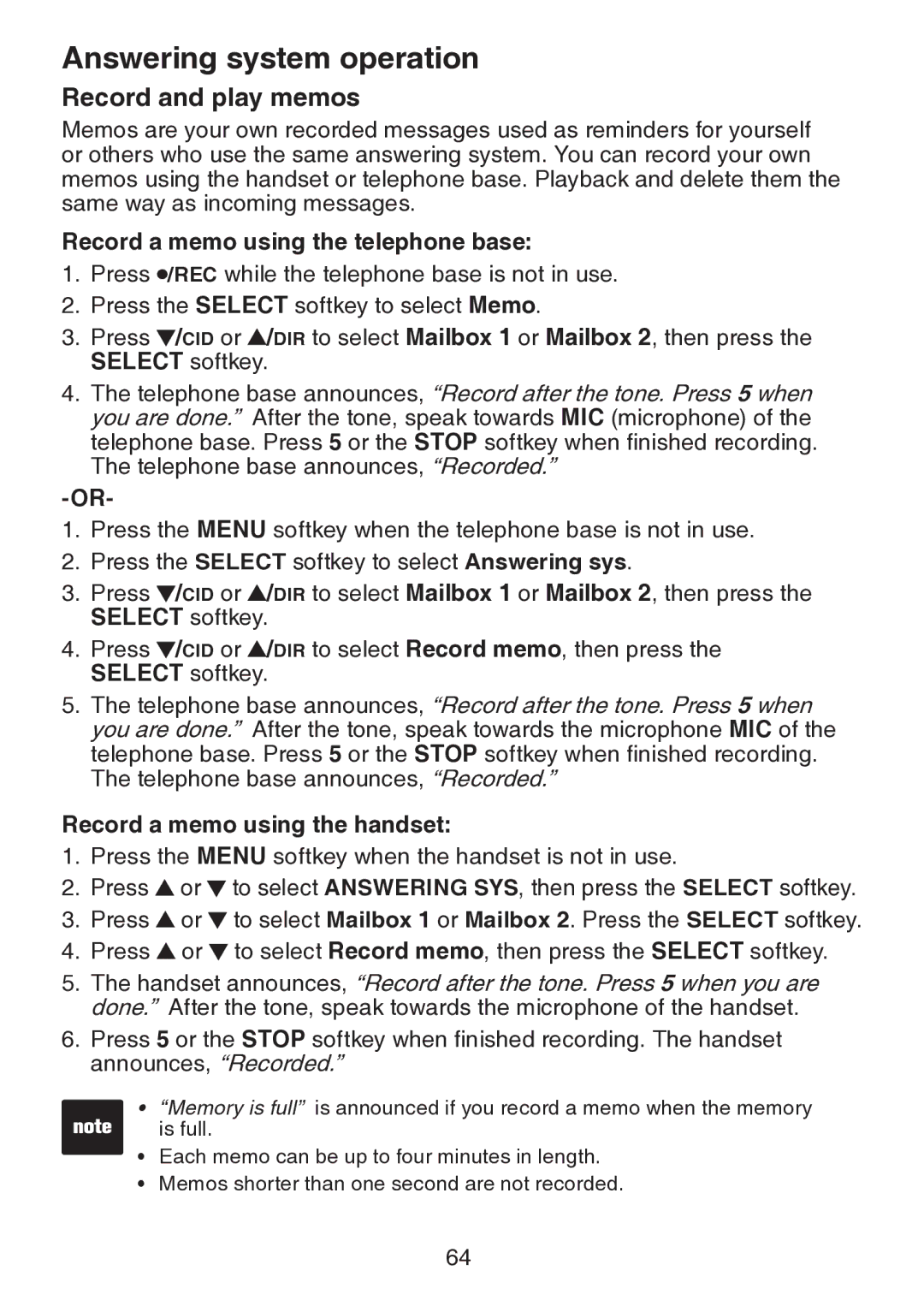 VTech DS6151 user manual Record and play memos, Record a memo using the telephone base, Record a memo using the handset 