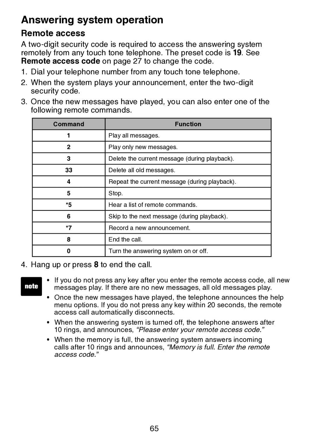 VTech DS6151 user manual Remote access, Command 