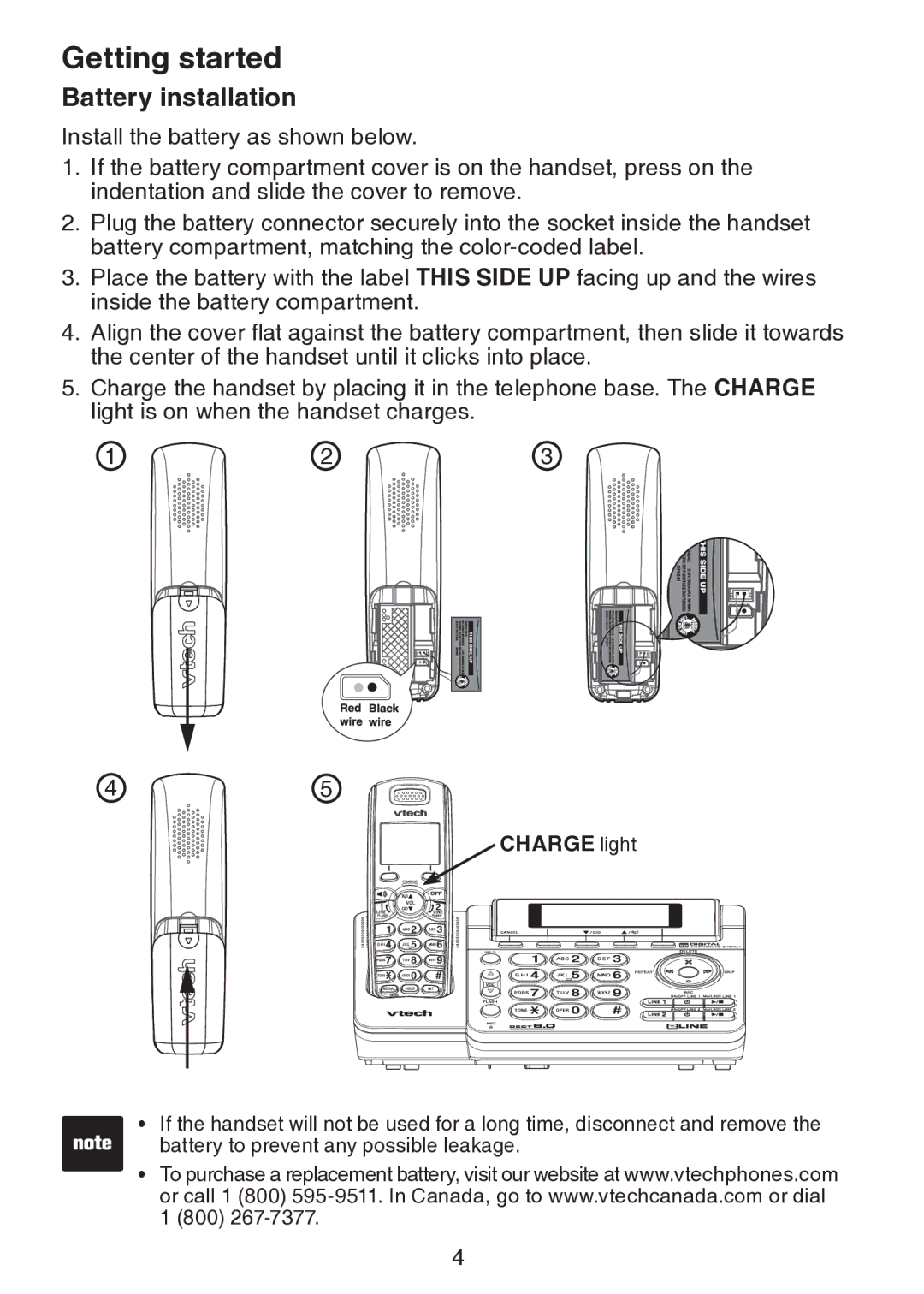 VTech DS6151 user manual Battery installation, Charge light 