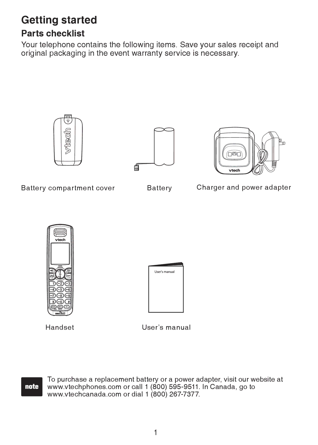 VTech DS6201 user manual Getting started, Parts checklist 