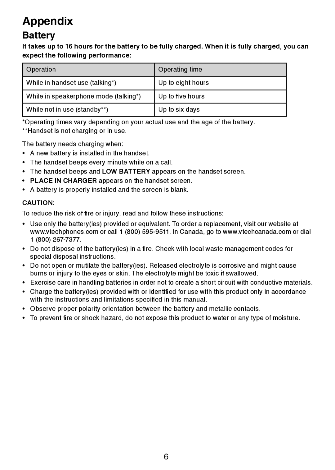 VTech DS6201 user manual Appendix, Battery 