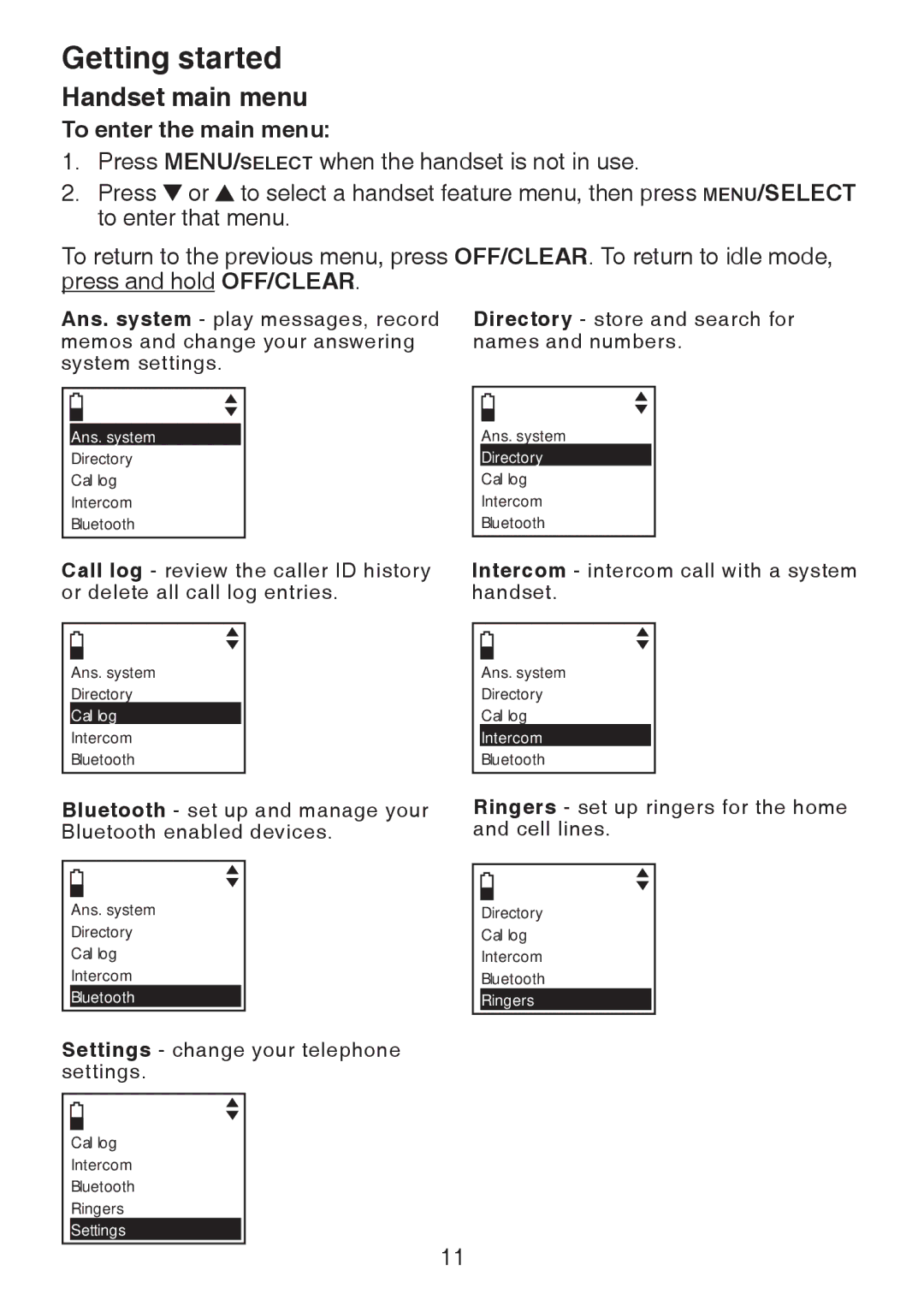 VTech DS63213, DS6321-2, DS6321-3, DS6321-4, DS6322-3, DS6322-4 user manual Handset main menu, To enter the main menu 