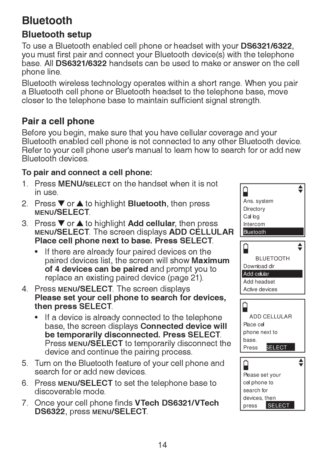 VTech DS6321-2, DS6321-3, DS6321-4, DS63213, DS6322-3 Bluetooth setup, Pair a cell phone, To pair and connect a cell phone 