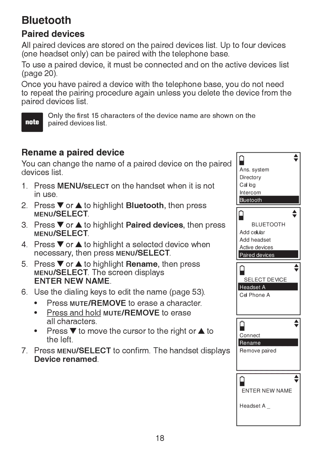 VTech DS6322-3, DS6321-2, DS6321-3, DS6321-4, DS63213, DS6322-4 Paired devices, Rename a paired device, Device renamed 