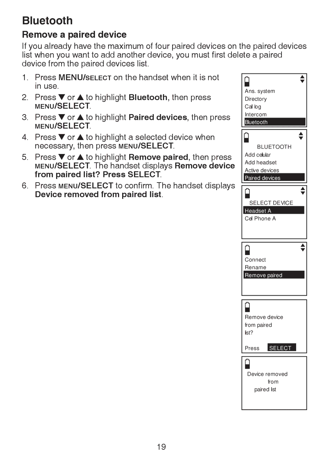 VTech DS6322-4, DS6321-2, DS6321-3, DS6321-4, DS63213, DS6322-3 Remove a paired device, Device removed from paired list 