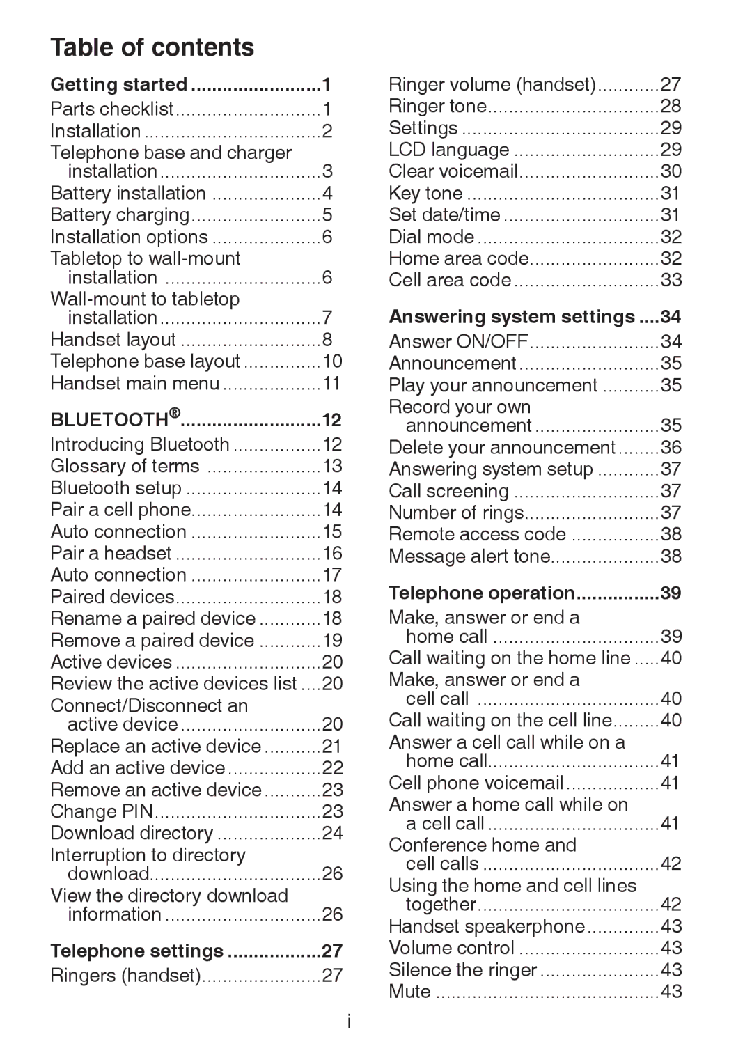 VTech DS63213, DS6321-2, DS6321-3, DS6321-4, DS6322-3, DS6322-4 user manual Table of contents 