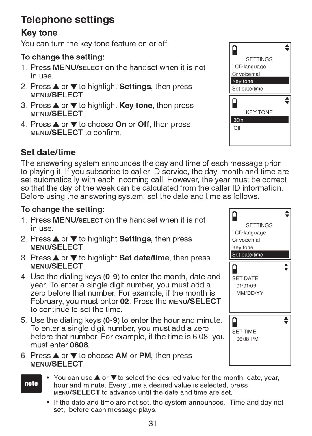 VTech DS6322-4, DS6321-2, DS6321-3, DS6321-4, DS63213, DS6322-3 user manual Key tone, Set date/time, To change the setting 