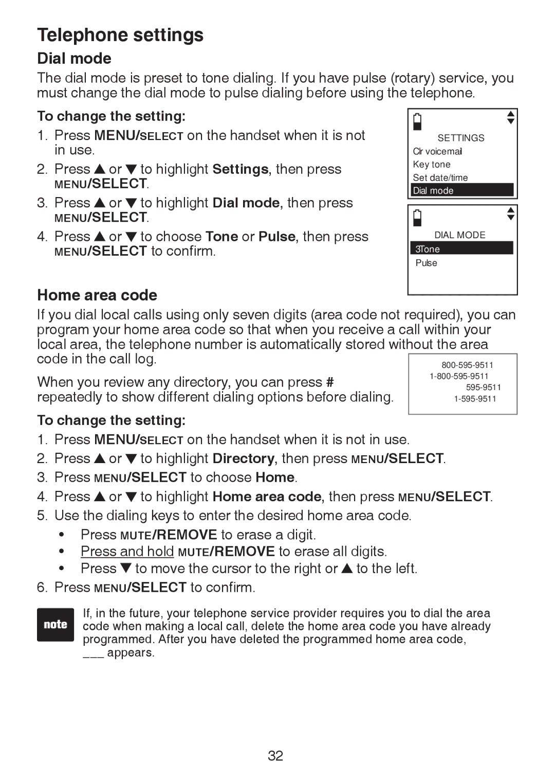 VTech DS6321-2, DS6321-3, DS6321-4, DS63213, DS6322-3, DS6322-4 user manual Dial mode, Home area code 