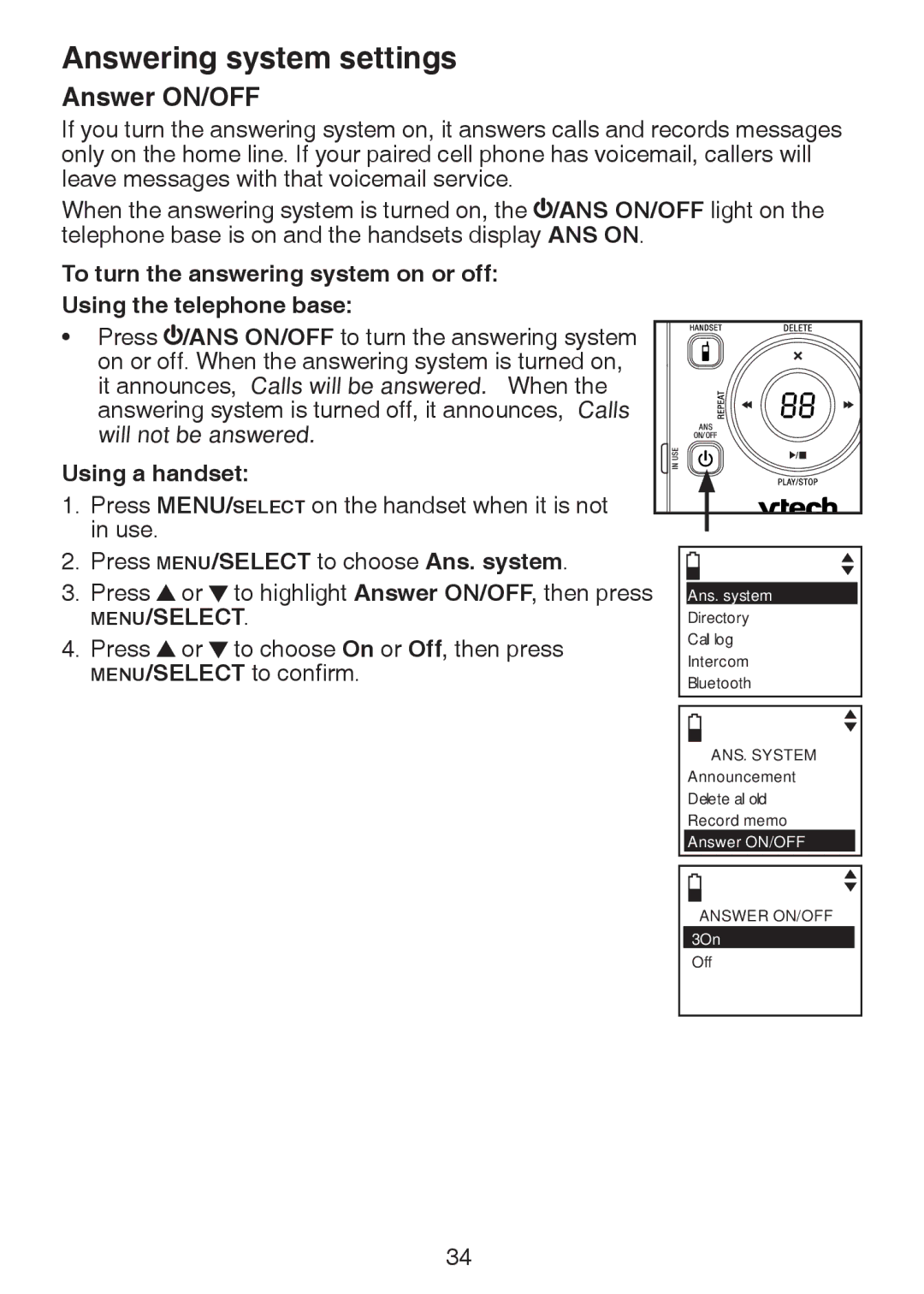 VTech DS6321-4, DS6321-2, DS6321-3, DS63213, DS6322-3 Answer ON/OFF, Using a handset, Press MENU/SELECT to choose Ans. system 