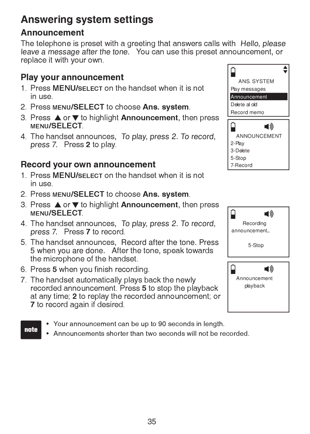 VTech DS63213, DS6321-2, DS6321-3, DS6321-4, DS6322-3 Announcement, Play your announcement, Record your own announcement 