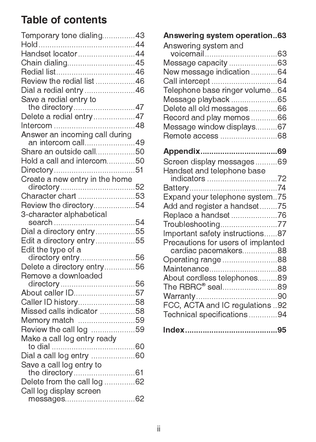 VTech DS6322-3, DS6321-2, DS6321-3, DS6321-4, DS63213, DS6322-4 user manual Answering system operation..63, Appendix, Index 