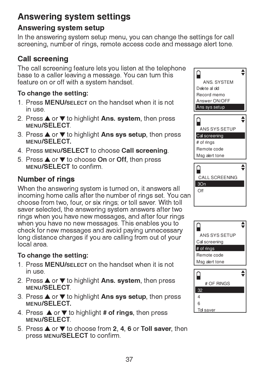 VTech DS6322-4, DS6321-2, DS6321-3 Answering system setup, Number of rings, Press MENU/SELECT to choose Call screening 