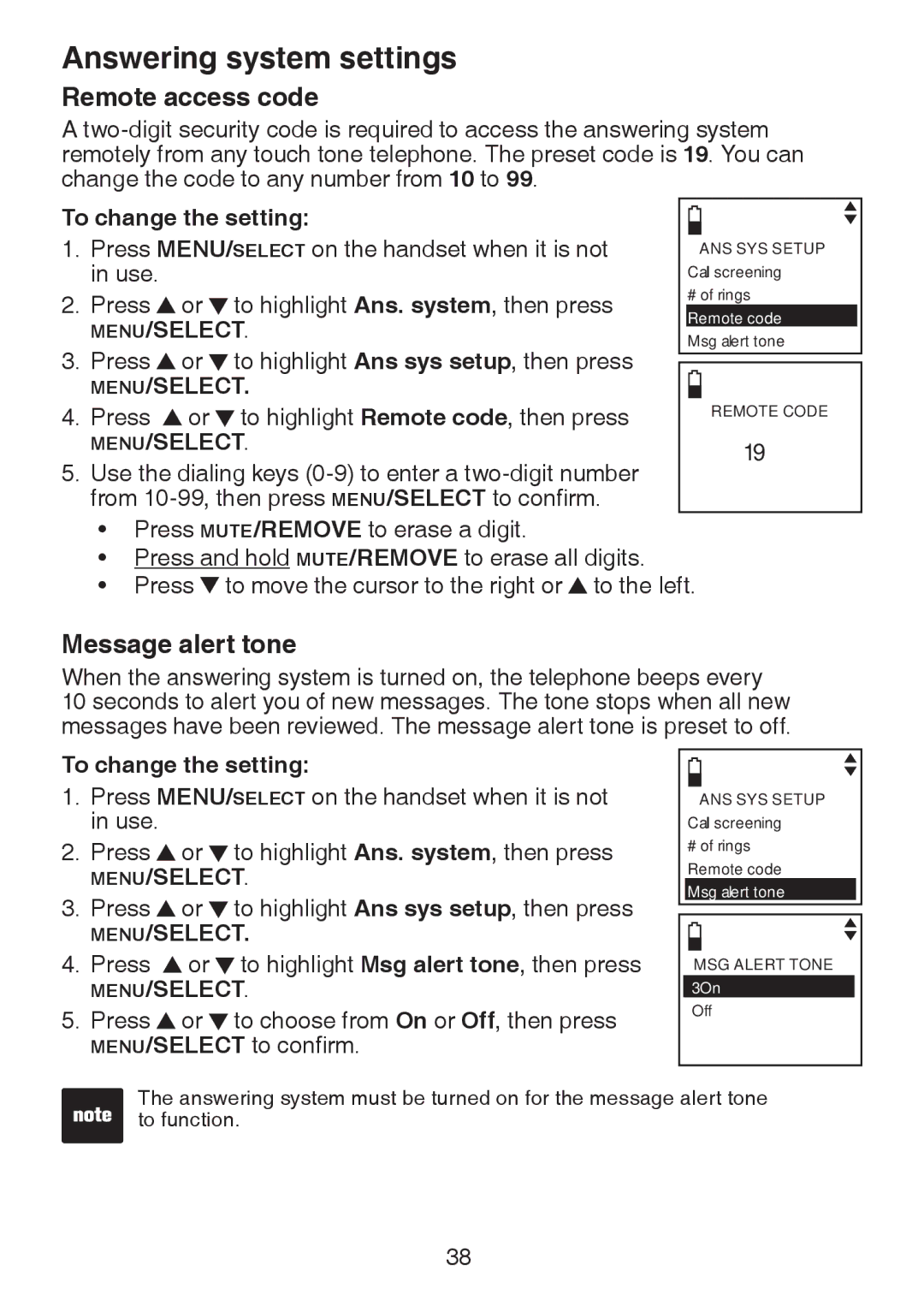 VTech DS6321-2, DS6321-3, DS6321-4, DS63213, DS6322-3, DS6322-4 user manual Remote access code, Message alert tone 