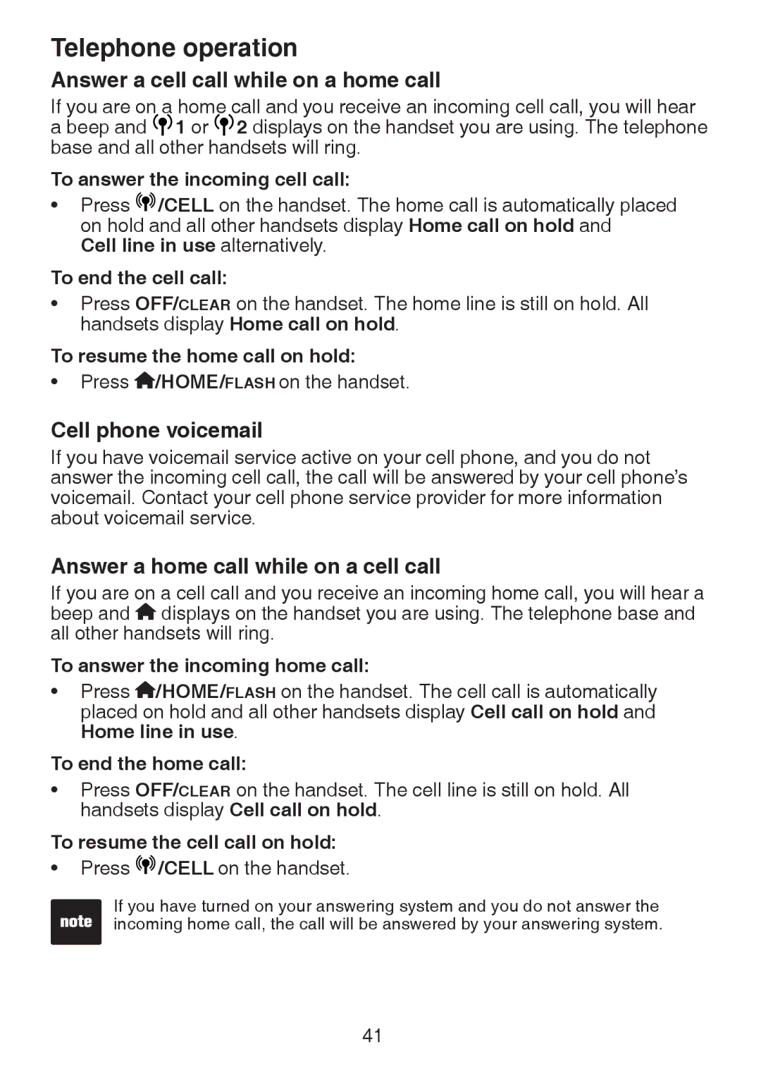 VTech DS63213 Answer a cell call while on a home call, Cell phone voicemail, Answer a home call while on a cell call 