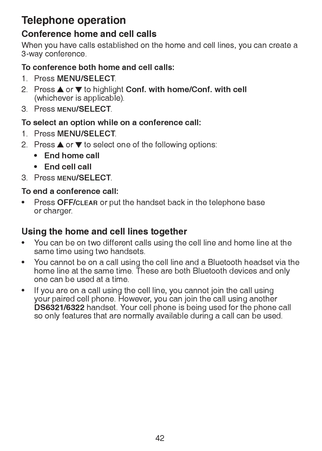 VTech DS6322-3 Conference home and cell calls, Using the home and cell lines together, End home call End cell call 