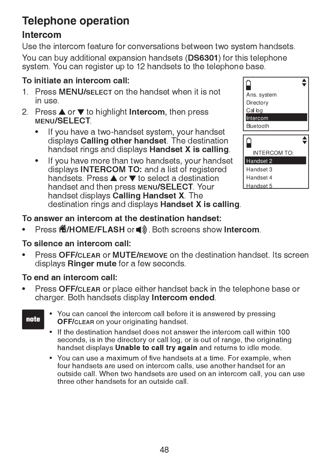 VTech DS6322-3, DS6321-2, DS6321-3 Intercom, To initiate an intercom call, To answer an intercom at the destination handset 