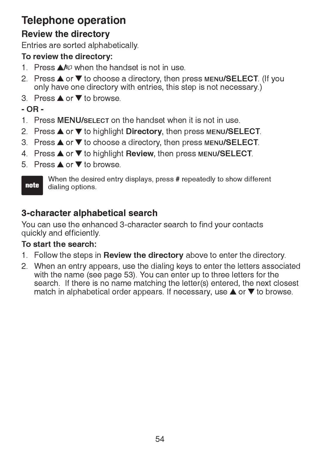 VTech DS6322-3, DS6321-2 Review the directory, Character alphabetical search, To review the directory, To start the search 