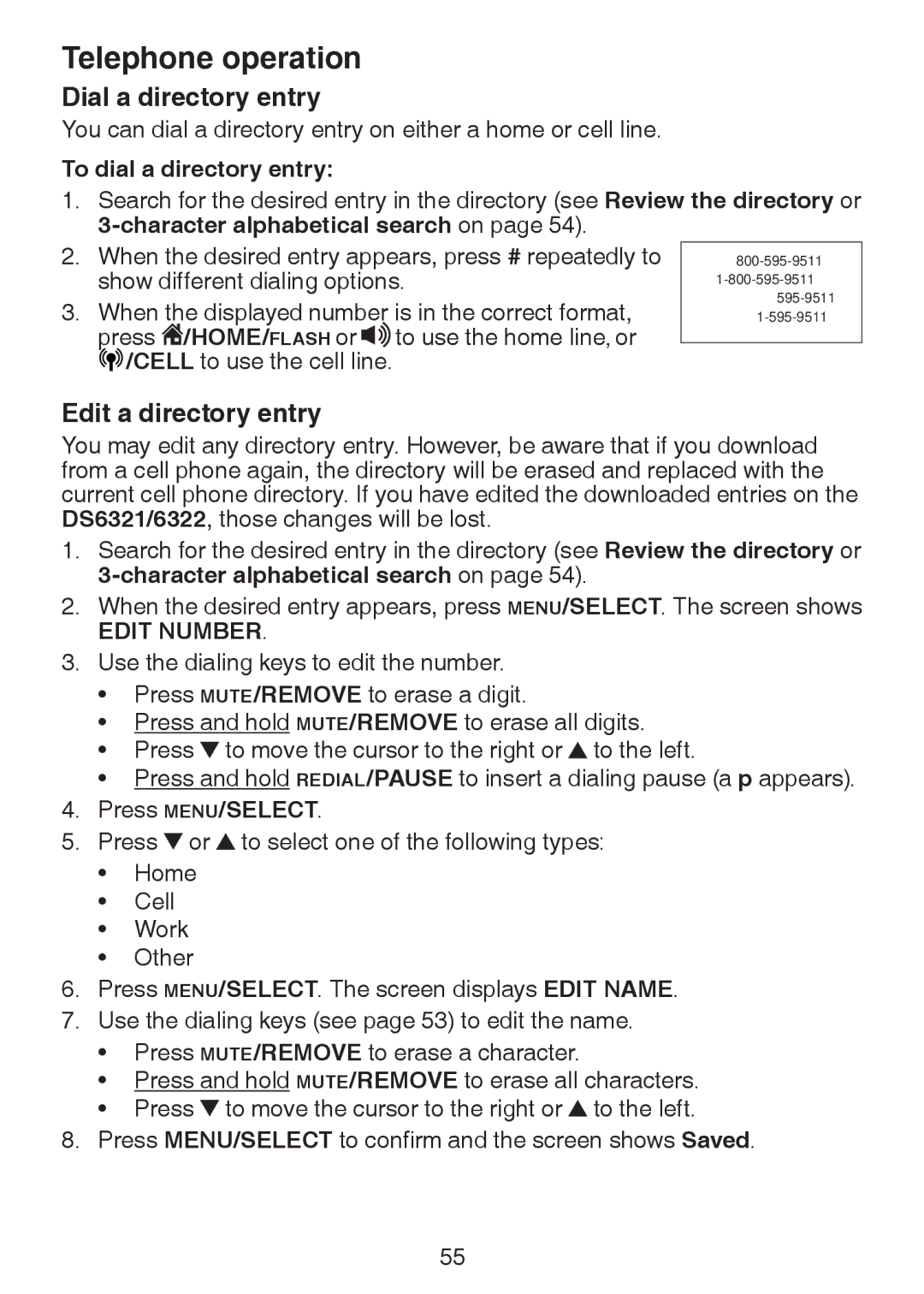 VTech DS6322-4, DS6321-2, DS6321-3, DS6321-4 Dial a directory entry, Edit a directory entry, To dial a directory entry 