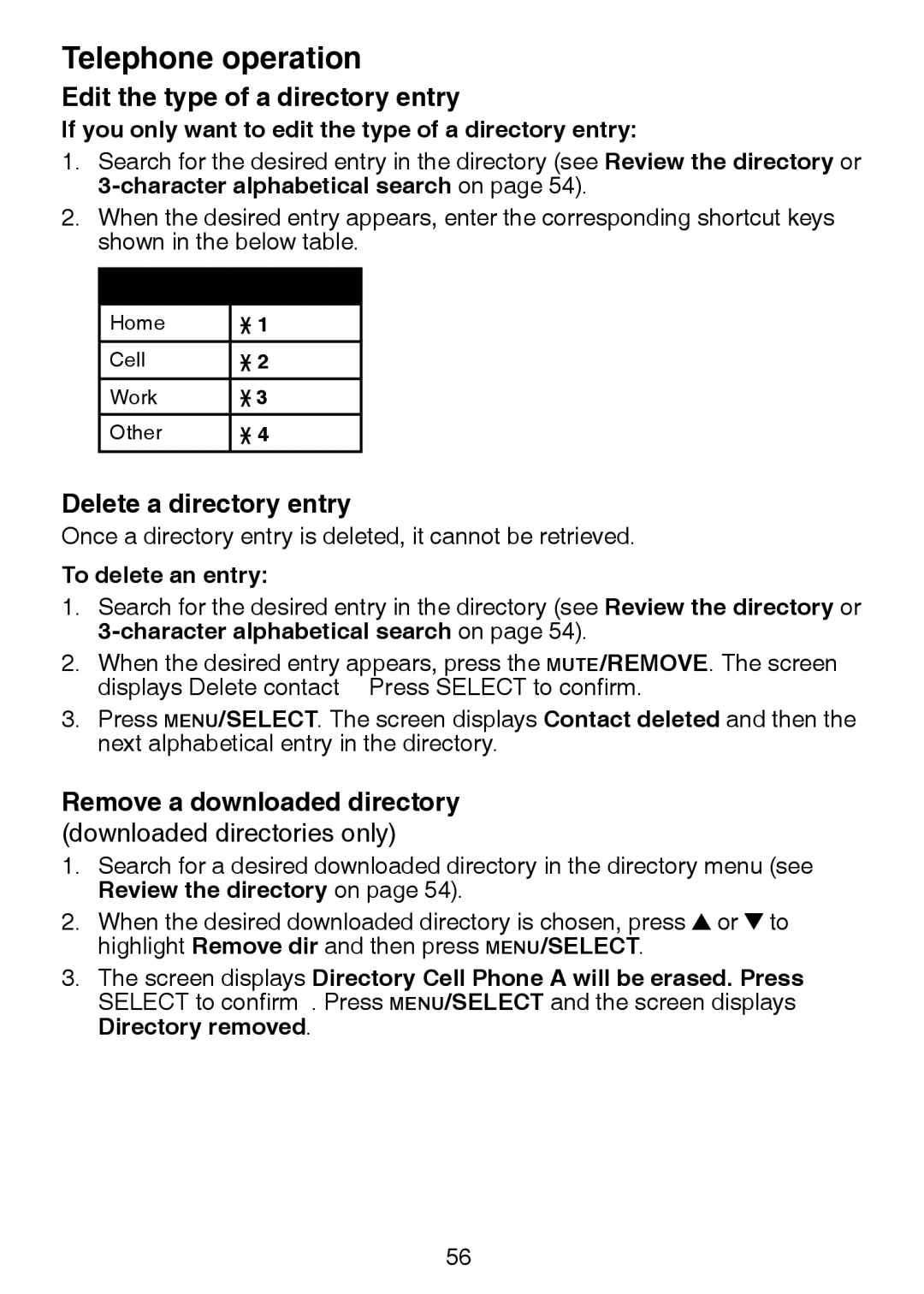 VTech DS6321-2, DS6321-3 Edit the type of a directory entry, Delete a directory entry, Remove a downloaded directory 