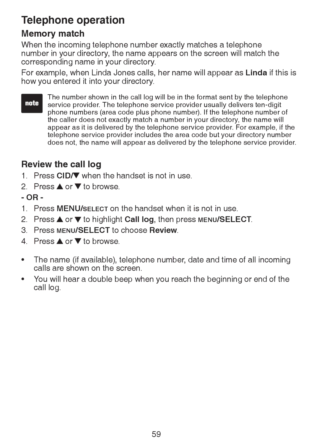 VTech DS63213, DS6321-2, DS6321-3, DS6321-4, DS6322-3, DS6322-4 user manual Memory match, Review the call log 