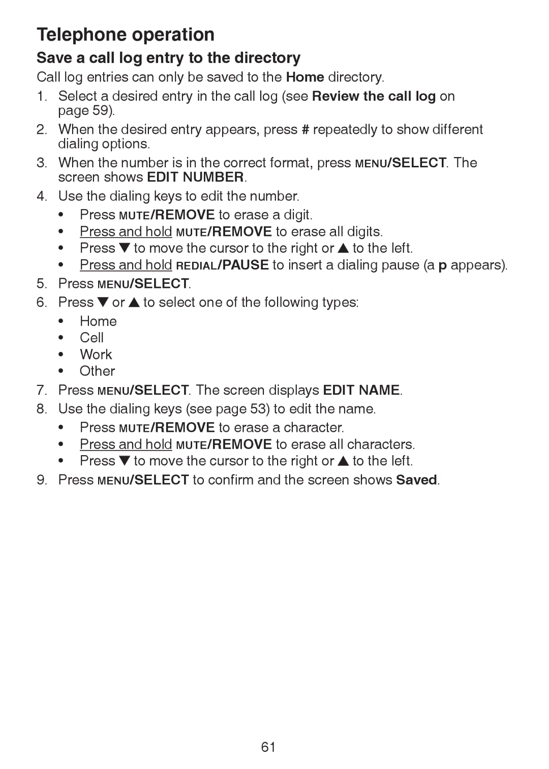 VTech DS6322-4, DS6321-2, DS6321-3, DS6321-4, DS63213, DS6322-3 user manual Save a call log entry to the directory 