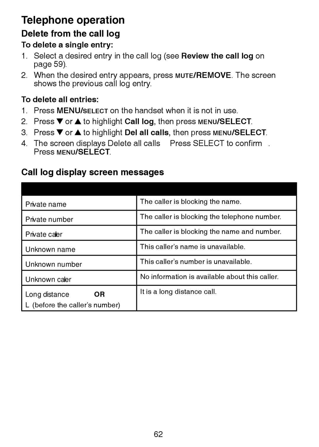 VTech DS6321-2 Delete from the call log, Call log display screen messages, To delete a single entry, To delete all entries 