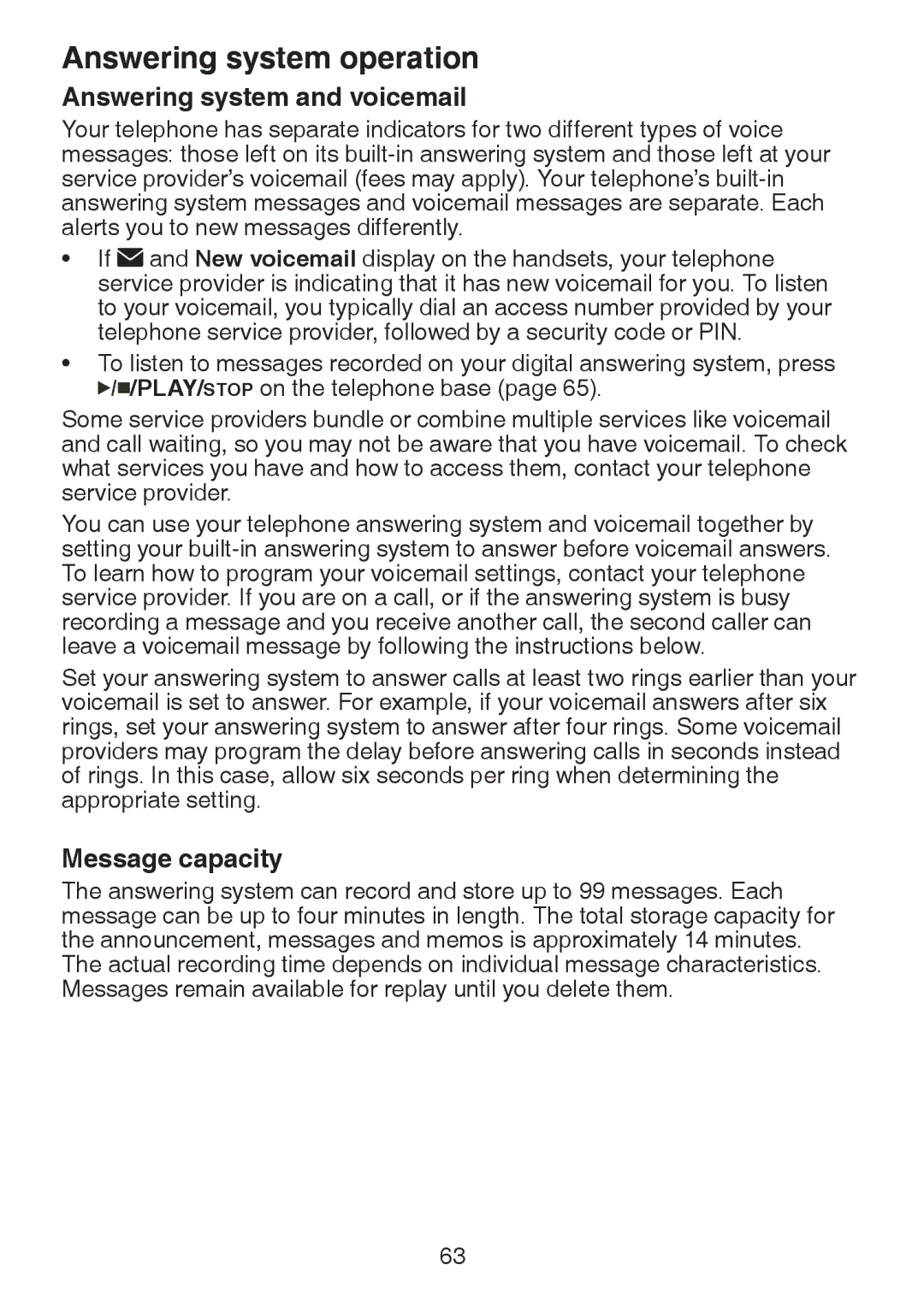 VTech DS6321-3, DS6321-2, DS6321-4, DS63213, DS6322-3, DS6322-4 user manual Answering system and voicemail, Message capacity 