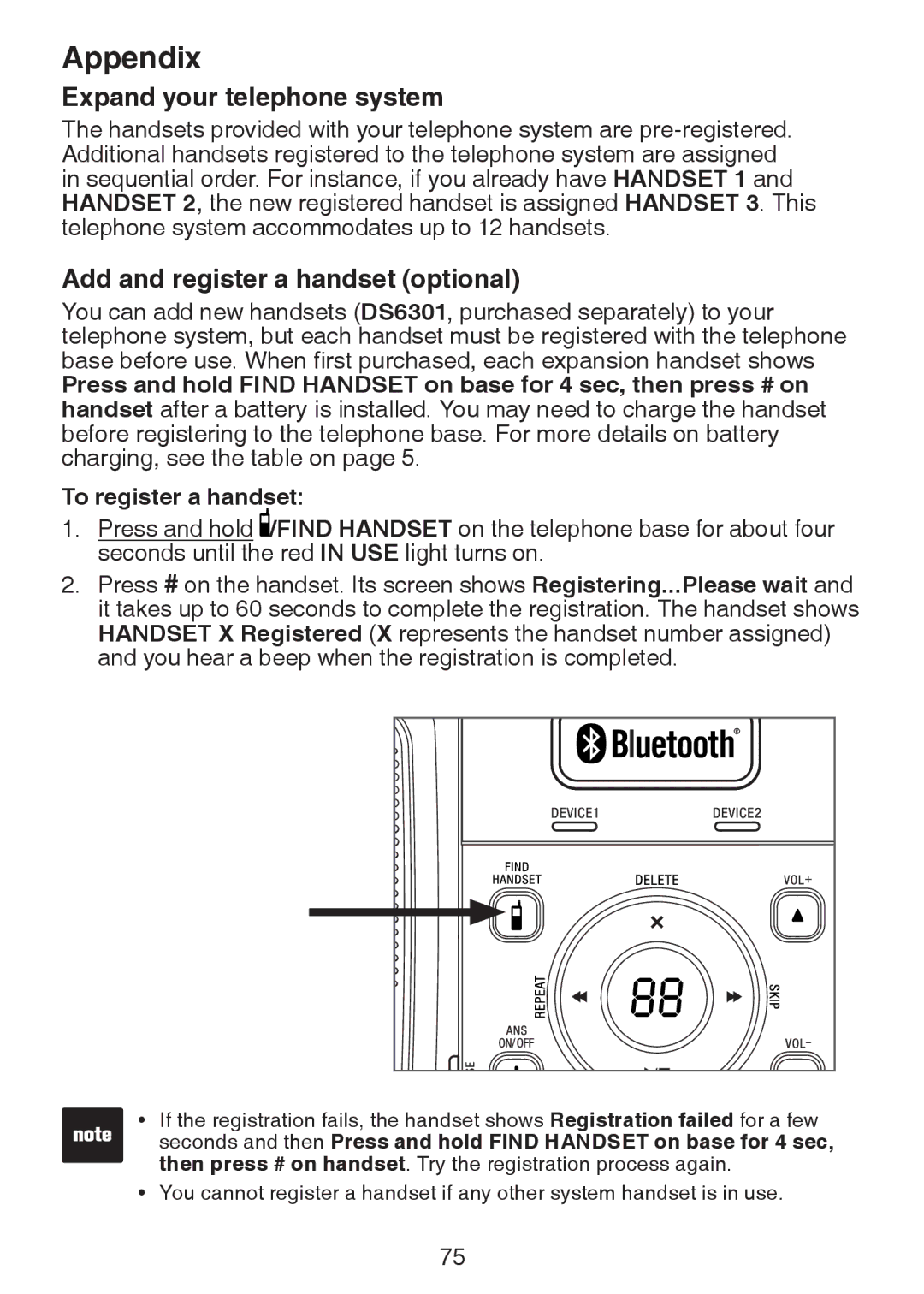 VTech DS6321-3, DS6321-2, DS6321-4, DS63213, DS6322-3 Expand your telephone system, Add and register a handset optional 