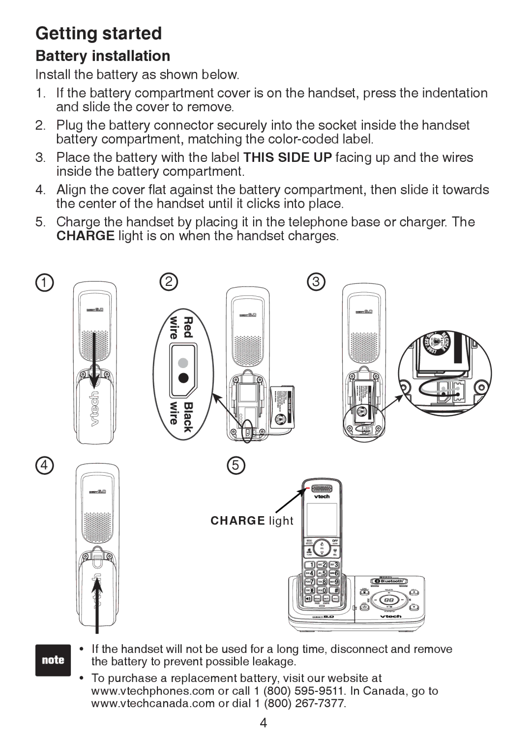 VTech DS6321-4, DS6321-2, DS6321-3, DS63213, DS6322-3, DS6322-4 user manual Battery installation, Charge light 