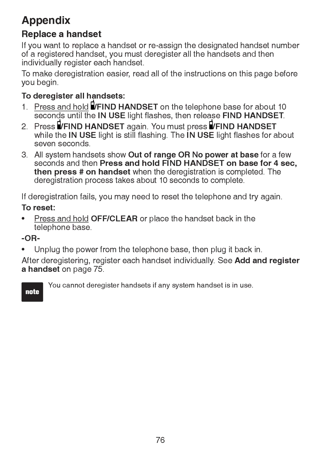 VTech DS6321-4, DS6321-2, DS6321-3, DS63213, DS6322-3, DS6322-4 Replace a handset, To deregister all handsets, To reset 