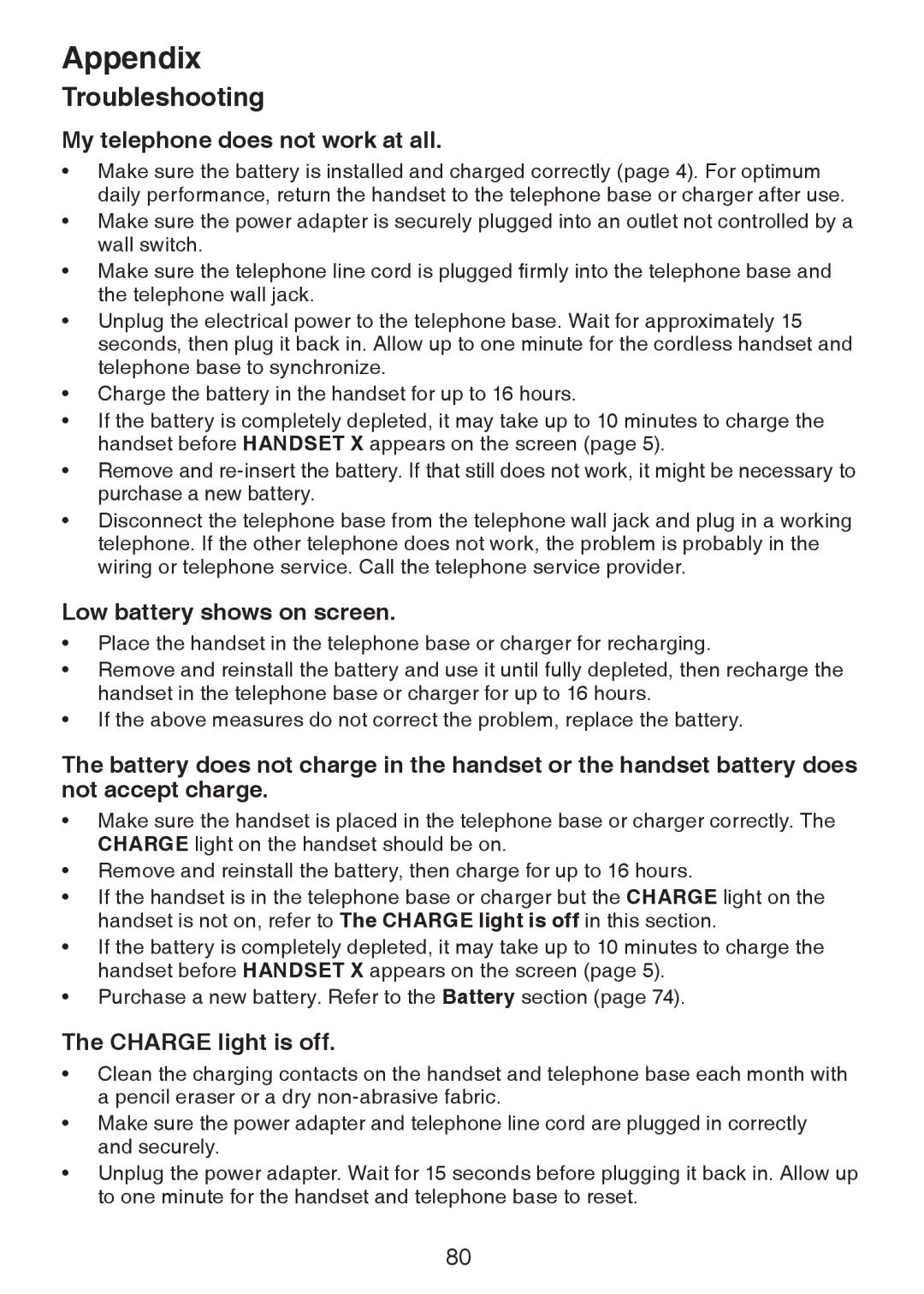 VTech DS6321-2, DS6321-3, DS6321-4 My telephone does not work at all, Low battery shows on screen, Charge light is off 