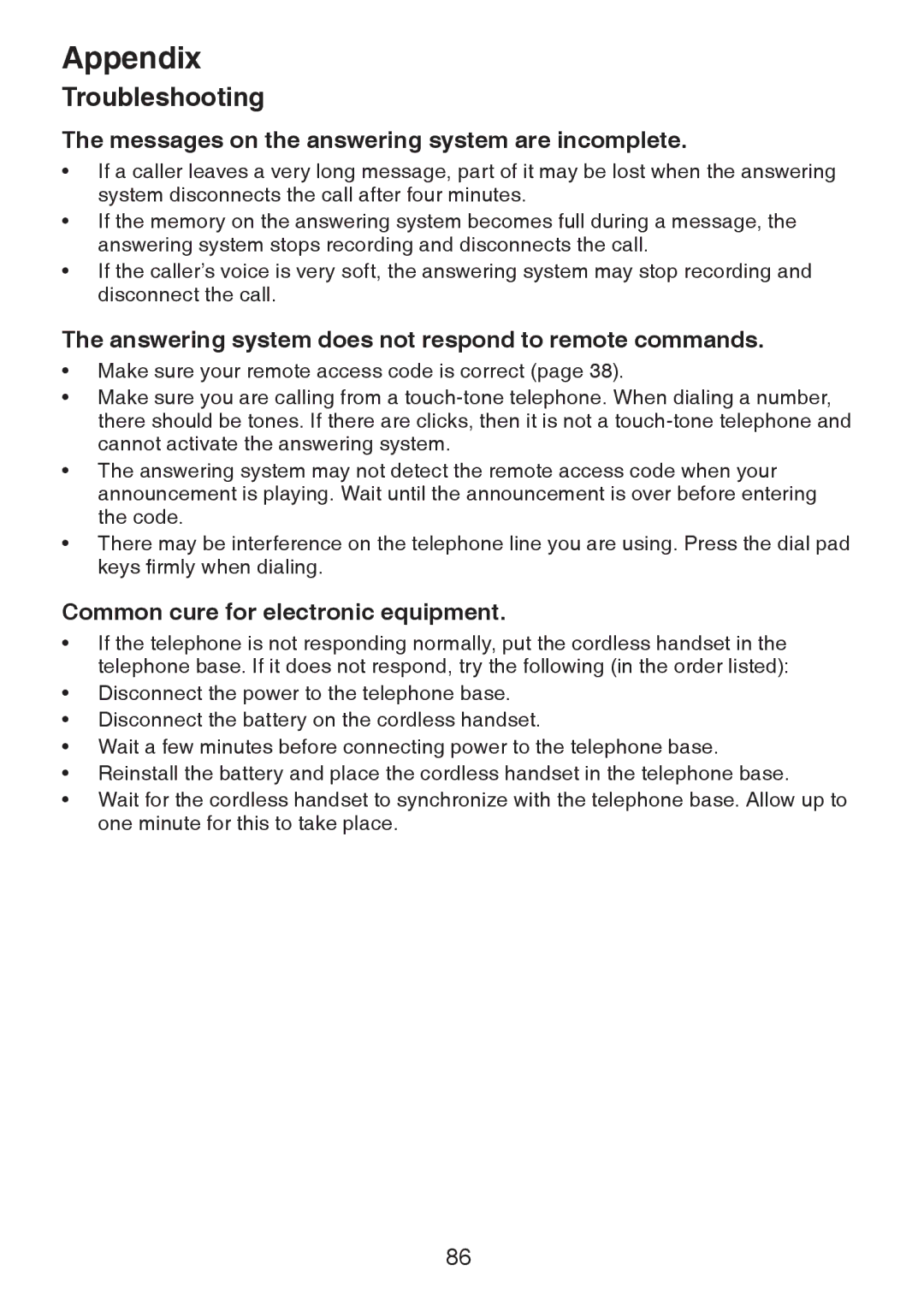 VTech DS6321-2 Messages on the answering system are incomplete, Answering system does not respond to remote commands 