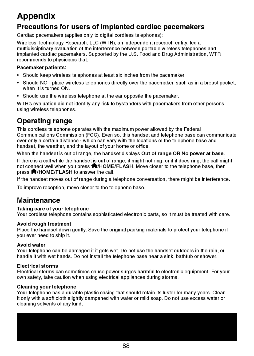 VTech DS6321-4, DS6321-2, DS6321-3 Precautions for users of implanted cardiac pacemakers, Operating range, Maintenance 