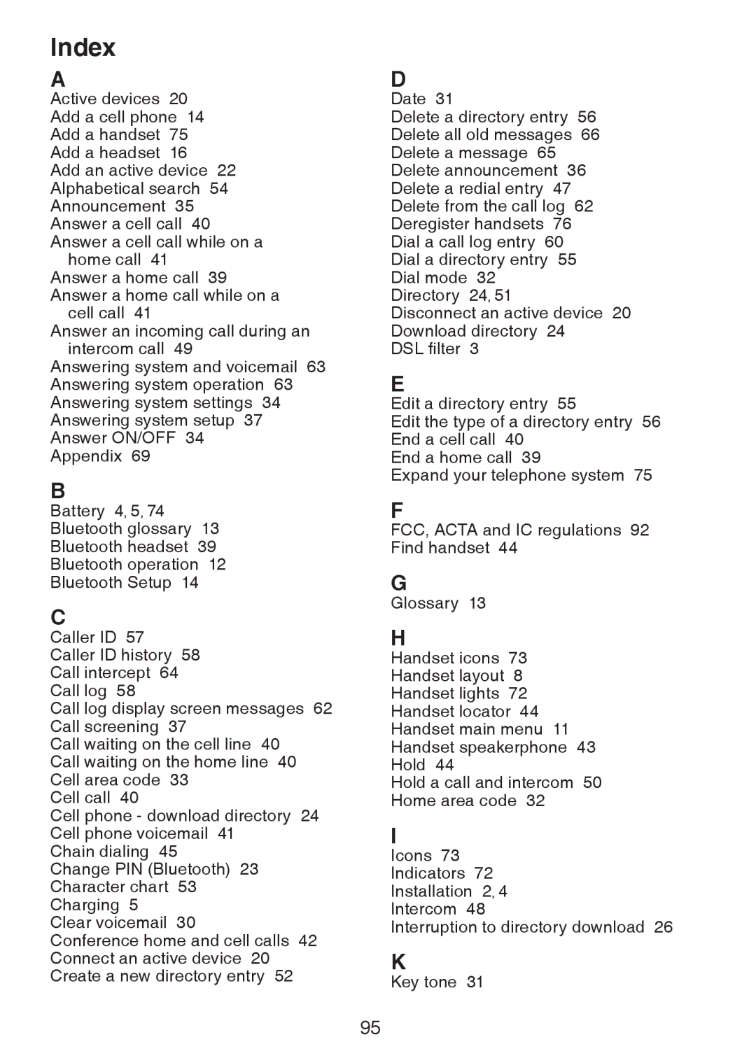 VTech DS63213, DS6321-2, DS6321-3, DS6321-4, DS6322-3, DS6322-4 user manual Index 