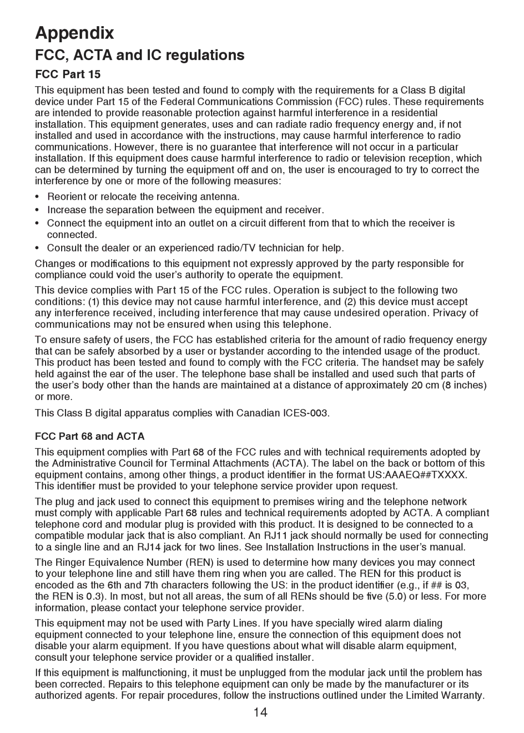 VTech DS6301, DS6322, DS6321 user manual FCC, Acta and IC regulations, FCC Part 68 and Acta 