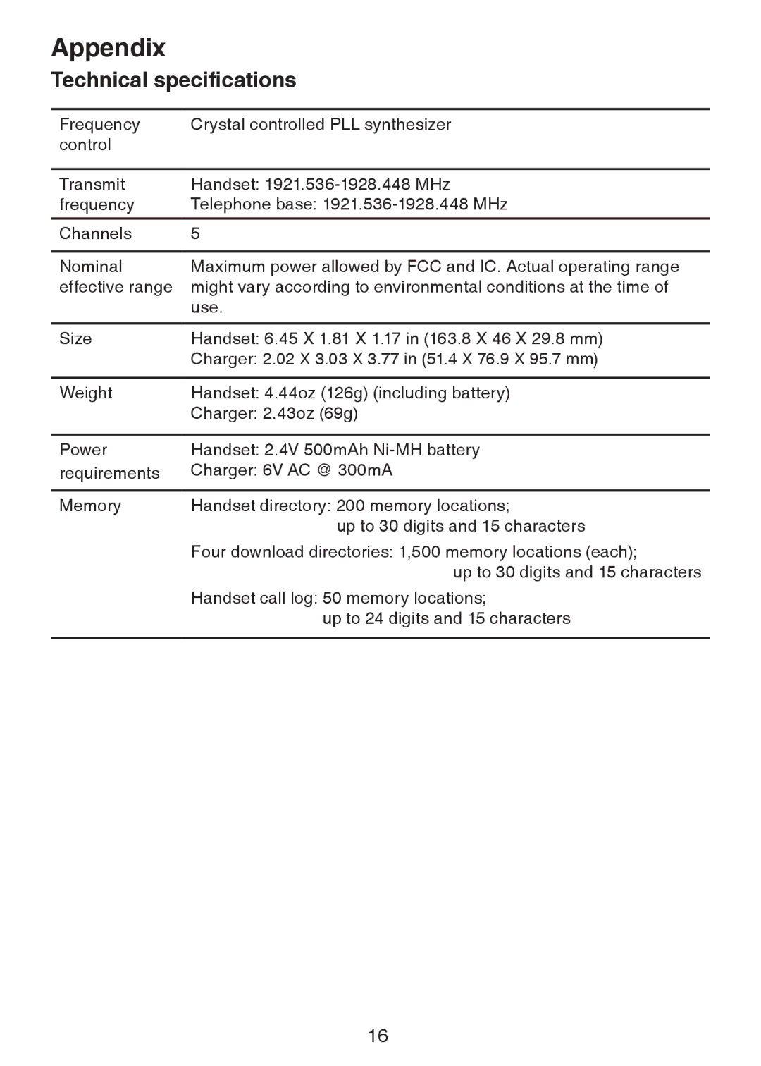 VTech DS6321, DS6322, DS6301 user manual Technical specifications 