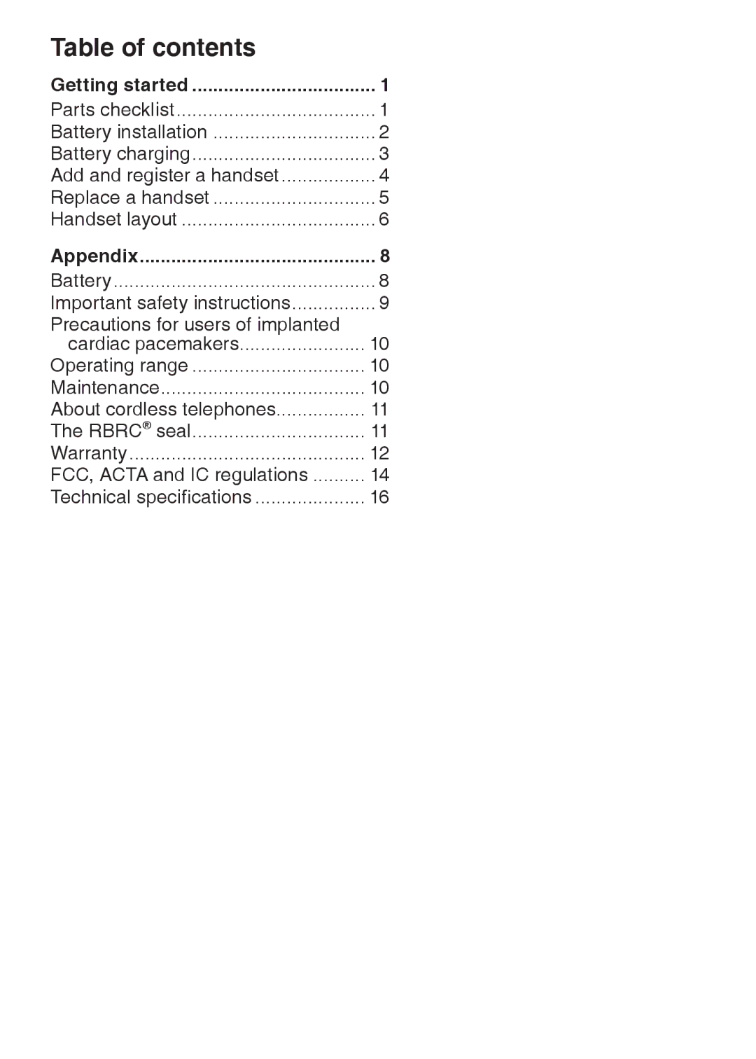 VTech DS6322, DS6321, DS6301 user manual Table of contents 