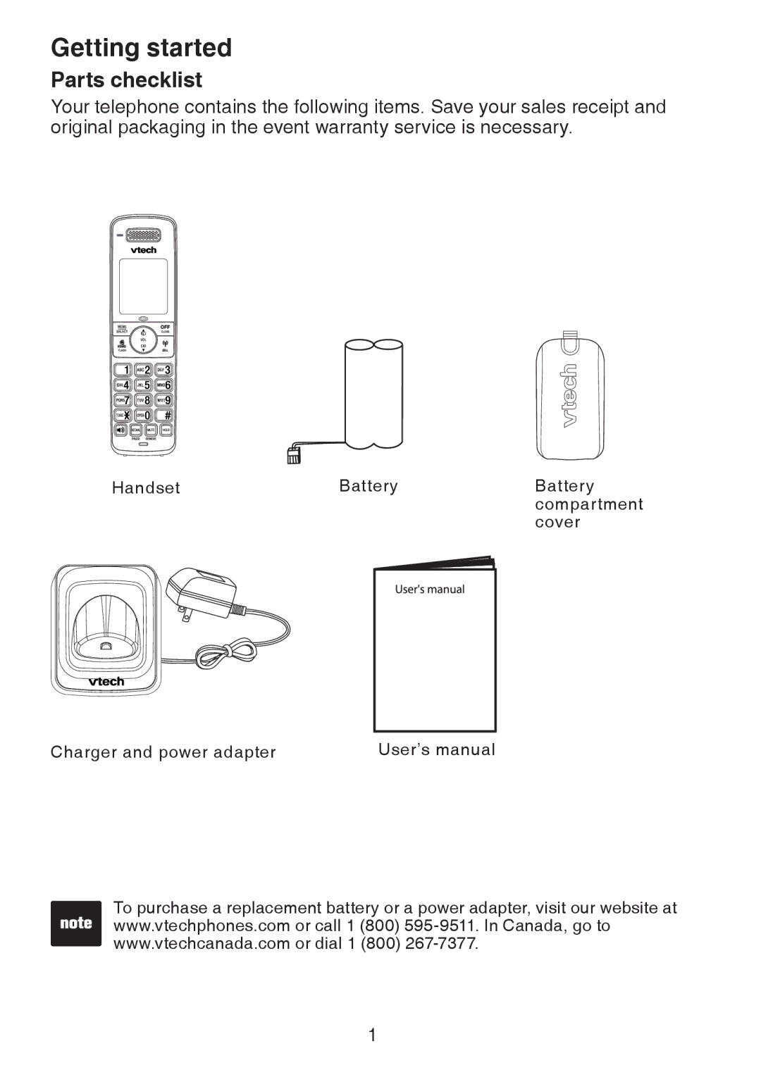 VTech DS6321, DS6322, DS6301 user manual Getting started, Parts checklist 